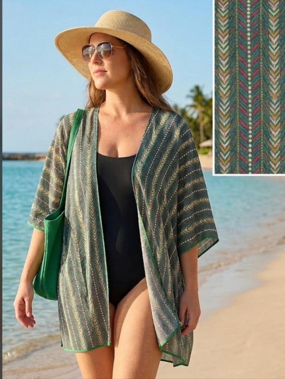 LYSS LOO Green Chevron Print Kimono Swim Cover-Up L/XL